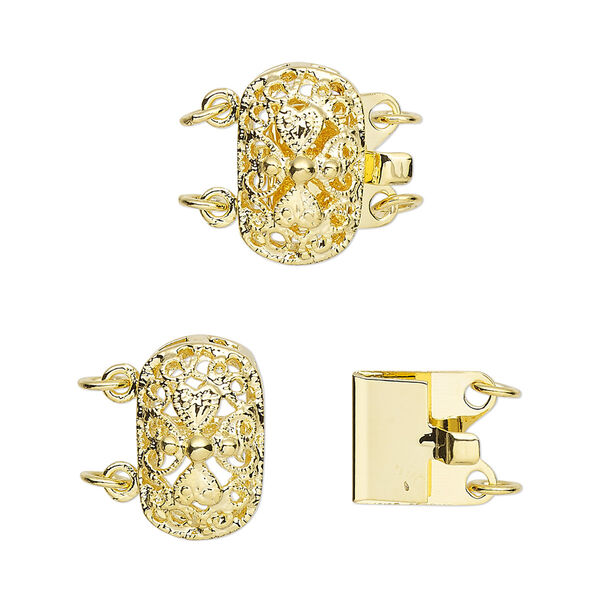 Clasp, 2-strand tab, gold-plated brass, 15x9mm filigree oval. Sold per pkg of 4. image number 0