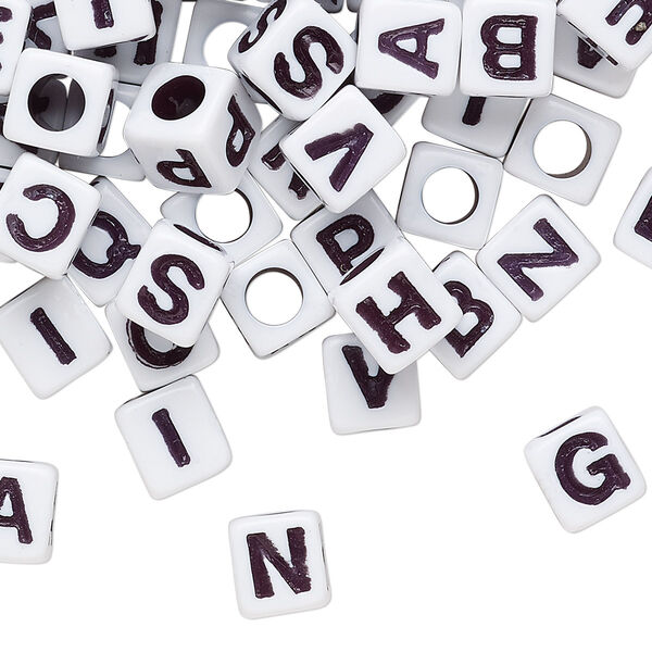 Bead mix, acrylic, opaque white and black, 6.5x6mm vertically drilled cube with alphabet letters and 3.5mm hole. Sold per pkg of 100. image number 0