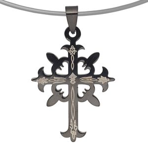Pendant, stainless steel and enamel, black, 40x29mm single-sided cross. Sold individually.