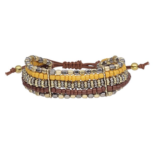 Bracelet, 5-strand, waxed cotton cord / glass / gunmetal-plated / gold-finished steel, orange and brown, 23mm wide, adjustable from 7 to 9-1/2 inches with macramé knot closure. Sold individually. image number 0