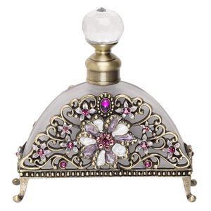 Perfume bottle, glass / frosted glass / enamel / antique brass finished "pewter" (zinc-based alloy), multicolored, 3-1/2 x 3 inches with flower, metal dauber and threaded stopper. Sold individually.