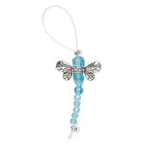 Bead, glass / glass rhinestone / antique silver-finished "pewter" (zinc-based alloy), transparent clear and aqua blue, 32x22mm dragonfly. Sold per pkg of 2.