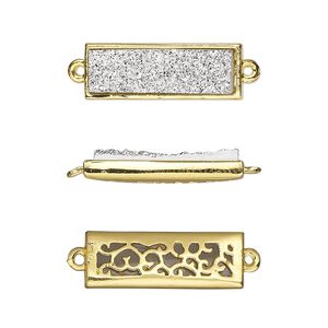 Link, Druzylite™, "druzy" (resin) and gold-finished brass, silver, 21x8mm two-sided rectangle with open filigree back. Sold per pkg of 4.