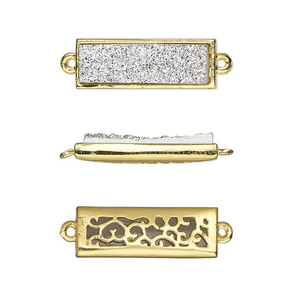 Link, Druzylite™, "druzy" (resin) and gold-finished brass, silver, 21x8mm two-sided rectangle with open filigree back. Sold per pkg of 4. image number 0