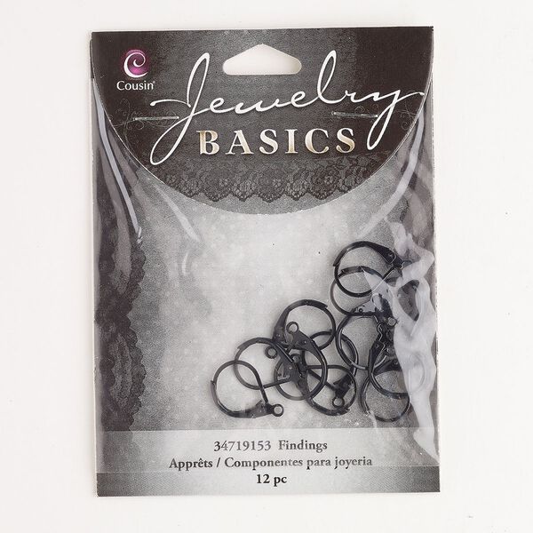 Ear wire leverback 1pkg12, 16mm / open loop, 21 gauge black-finished / matte brass 6 pair image number 0