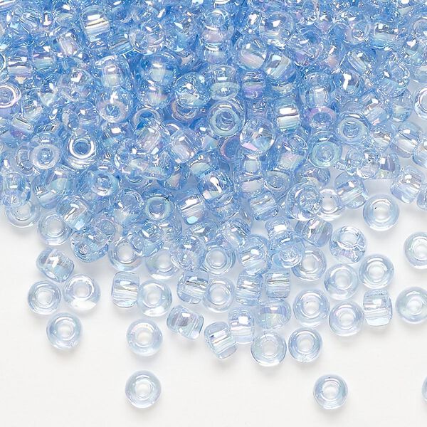 Seed bead, Dyna-Mites™, glass, transparent rainbow light blue, #6 round. Sold per 40-gram pkg. image number 0