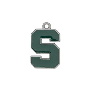 Charm, enamel and "pewter" (zinc-based alloy), green, 19x14mm single-sided Michigan State Spartans. Sold individually.