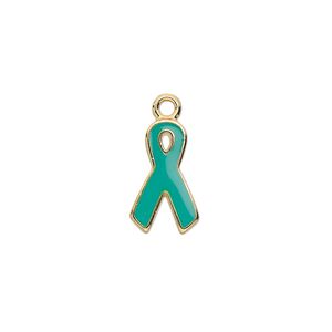 Charm, epoxy and gold-plated aluminum, green, 15x9mm single-sided awareness ribbon. Sold per pkg of 6.