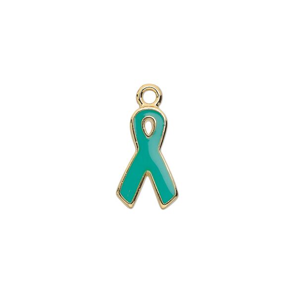 Charm, epoxy and gold-plated aluminum, green, 15x9mm single-sided awareness ribbon. Sold per pkg of 6. image number 0