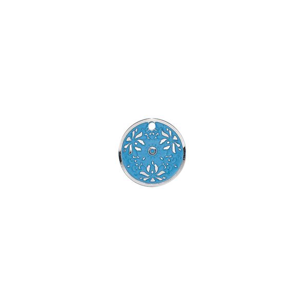Drop, stainless steel, blue patina, 10mm single-sided domed round with flower design. Sold per pkg of 8. image number 0