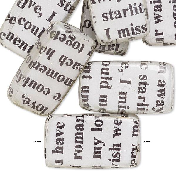 Bead, wood / newspaper / acrylic, white and black, 24x14mm double-sided flat rectangle with phrase in English. Sold per pkg of 8. image number 0