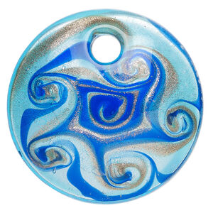 Focal, lampworked glass 1pkg1, translucent aqua / dark blue / clear with copper-colored glitter and silver-colored foil, 50mm top-drilled domed round.