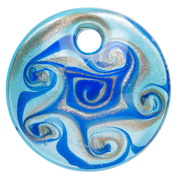Focal, lampworked glass 1pkg1, translucent aqua / dark blue / clear with copper-colored glitter and silver-colored foil, 50mm top-drilled domed round. image number 0