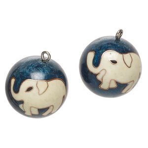 Chime, steel and enamel, pkg/2, 27-28mm round harmony ball with elephant, antique silver finish / blue / cream.