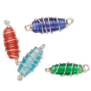 Link mix, glass and silver-finished pewter (tin-based alloy), mixed transparent colors, 17x7mm wire-wrapped oval. Sold per pkg of 25.