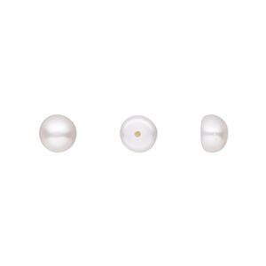 Pearl, White Lotus™, cultured freshwater (bleached), white, 6-6.5mm half-drilled button, B grade, Mohs hardness 2-1/2 to 4. Sold per pair.