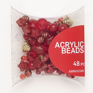 Bead mix CCB acrylic 48pk 6-17mm mixed shapes red gold glitter