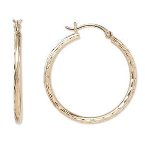 Earring, 14Kt gold, 30mm diamond-cut round hoop with latch-back closure. Sold per pair.