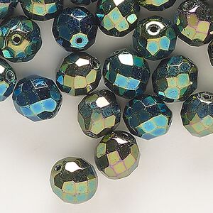 Bead, Czech fire-polished glass, opaque aqua green iris, 10mm faceted round. Sold per pkg of 50.