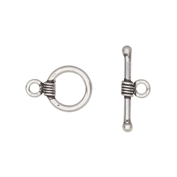 Clasp, toggle, antiqued sterling silver, 12mm round with lines. Sold individually. image number 0
