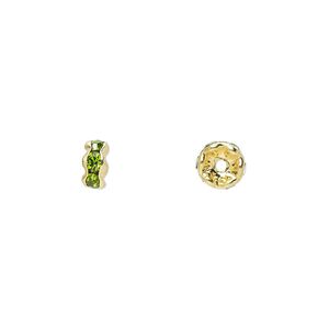 Bead, glass rhinestone and gold-finished brass, peridot green, 5x2mm rondelle. Sold per pkg of 10.