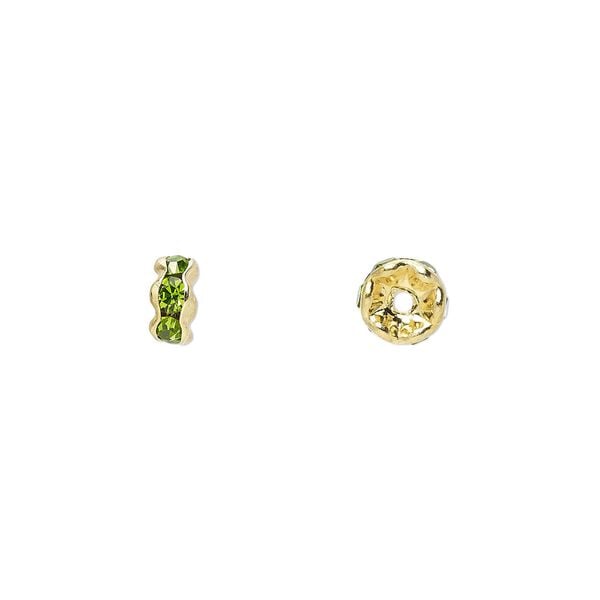 Bead, glass rhinestone and gold-finished brass, peridot green, 5x2mm rondelle. Sold per pkg of 10. image number 0
