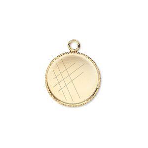 Drop, gold-plated brass, 16mm round with beaded edge and 15mm round bezel setting. Sold per pkg of 6.
