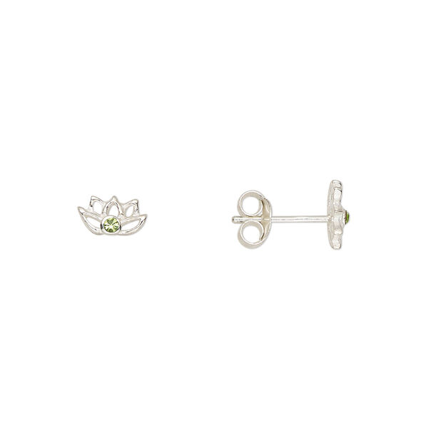 Earstud sterling silver / Preciosa crystal 1pkg2, 7x4mm lotus / earnuts included, Create Compliments® peridot 1 pair image number 0