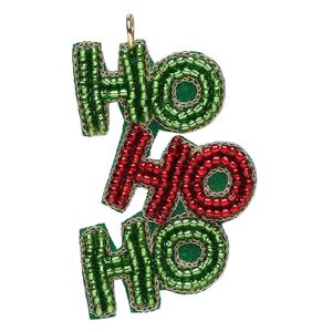 Focal 1pkg1 seed bead / felt, red and green, 49x32mm handmade "HO HO HO."