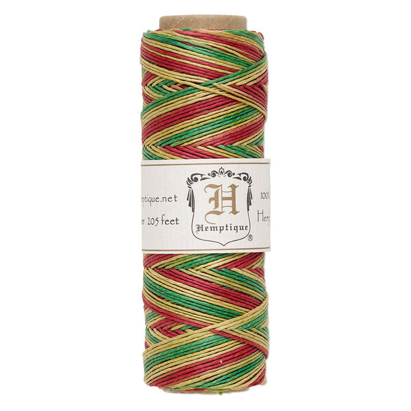 Cord, Hemptique®, polished hemp, variegated green / yellow / red, 0.5mm diameter, 10-pound test. Sold per 205-foot spool. image number 0