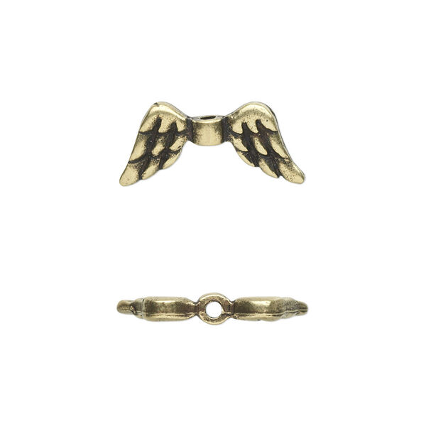Bead, antique brass-plated pewter (tin-based alloy), 20x9mm double-sided angel wings. Sold per pkg of 2. image number 0