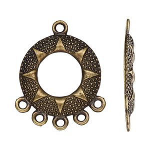 Drop, antique brass-finished "pewter" (zinc-based alloy), 24mm single-sided slightly domed open beaded round with sun design and 5 closed loops. Sold per pkg of 10.
