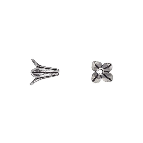 Bead cap, antique silver-plated brass, 8x8mm 4-petal flower, fits 6-8mm bead. Sold per pkg of 12. image number 0