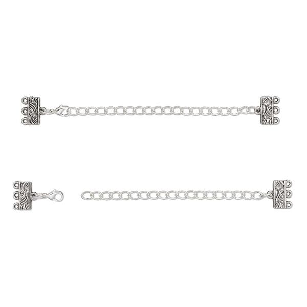 End bar, antique silver-finished "pewter" (zinc-based alloy), 32x13mm with 13x6mm 3-strand rectangle and 3-inch extender chain with lobster claw clasp. Sold per pkg of 6. image number 0