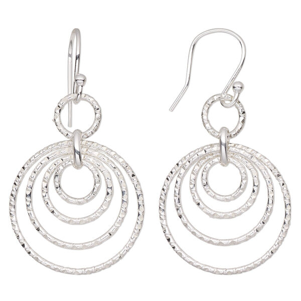 Earring, Create Compliments®, sterling silver, 44mm with diamond-cut 5-ring design and fishhook ear wire, 21 gauge. Sold per pair. image number 0