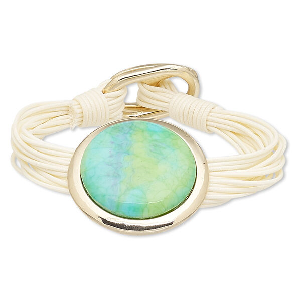 Bracelet, multi-strand, waxed cotton cord / resin / gold-finished "pewter" (zinc-based alloy), white / blue / green, 40mm round, 7-1/2 inches with buckle-style closure. Sold individually. image number 0