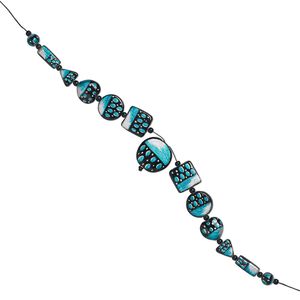 Bead set, glass and waxed cotton cord, teal / black / silver, (1) 35mm round, (2) 25x25mm square, (2) 25mm flat round, (2) 22x21mm puffed heart, (2) 18x18x17mm triangle, (2) 24x10mm rectangle, (2) 12mm round, (12) 5-6mm spacers, double-sided, 16-inches. Sold per 13-piece set.
