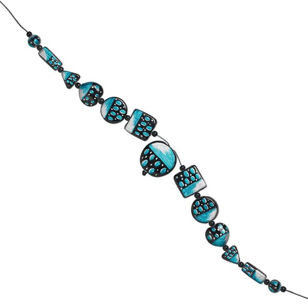 Bead set, glass and waxed cotton cord, teal / black / silver, (1) 35mm round, (2) 25x25mm square, (2) 25mm flat round, (2) 22x21mm puffed heart, (2) 18x18x17mm triangle, (2) 24x10mm rectangle, (2) 12mm round, (12) 5-6mm spacers, double-sided, 16-inches. Sold per 13-piece set. image number 0
