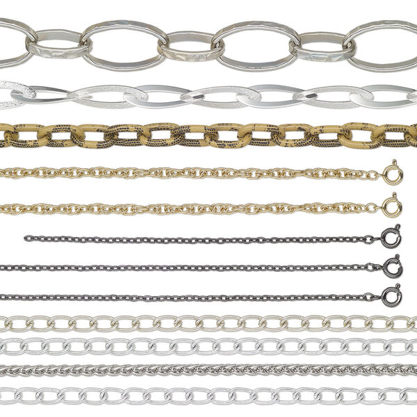 Chain assortment, gold- / silver- / gunmetal-finished brass / steel / aluminum and more, mixed colors and chain types, 14-36 inch chain length. Sold per 8-ounce package, approximately 11 chains. image number 0
