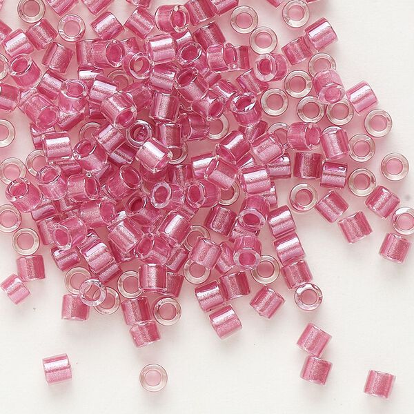 Seed bead, Delica®, glass, pkg/50g, #8 round, translucent peony pink-lined luster crystal clear (DBL-0902). image number 0