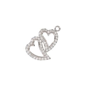 Charm, cubic zirconia and rhodium-plated sterling silver, clear, 18x14mm single-sided open double heart. Sold individually.