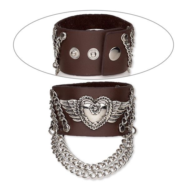 Bracelet, leather (dyed) / silver-plated steel / antique silver-plated "pewter" (zinc-based alloy), brown, 40mm wide with heart and wings, adjustable from 5 to 6-1/2 inches with snap closure. Sold individually. image number 0