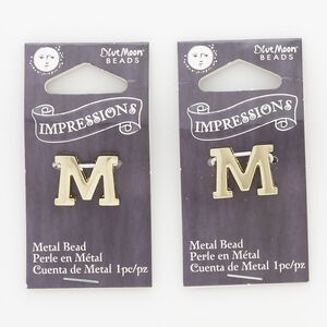 Bead, gold-finished "pewter" (zinc-based alloy), 16x13mm top-drilled alphabet letter M with 2mm hole. Sold per pkg of 2.