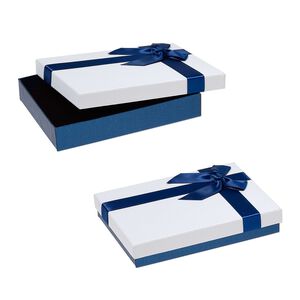 Gift box, cardboard / paper / velveteen / nylon, blue shimmer / white / black, 1 x 4-1/2 x 6-inch rectangle with ribbon and bow. Sold per pkg of 12.