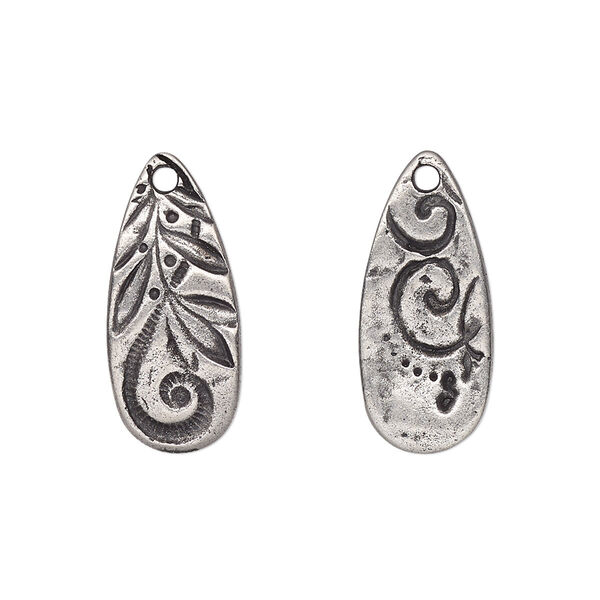 Drop, TierraCast®, "Vida Mas Dulce" collection, antiqued pewter (tin-based alloy), 23x10mm two-sided teardrop with jardin design. Sold per pkg of 20. image number 0