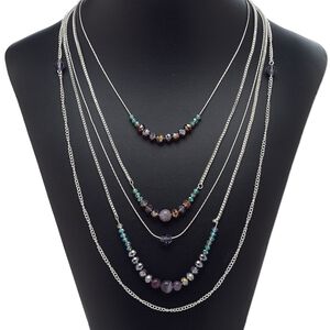 Necklace, 5-strand, amethyst (natural) / glass / silver-plated steel, purple / amethyst purple luster / clear green luster, 16 inches with 3-inch extender chain and lobster claw clasp. Sold individually.
