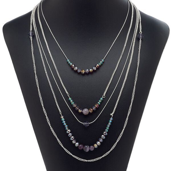 Necklace, 5-strand, amethyst (natural) / glass / silver-plated steel, purple / amethyst purple luster / clear green luster, 16 inches with 3-inch extender chain and lobster claw clasp. Sold individually. image number 0