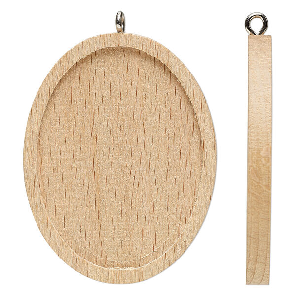 Focal, Japanese pagoda wood (natural) and stainless steel, tan, 45x35mm single-sided oval with 40x30mm non-calibrated oval glue-in setting. Sold per pkg of 8. image number 0