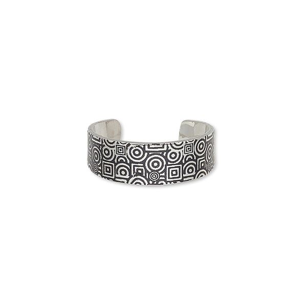Ring, imitation rhodium-finished carbon steel, black, 6mm wide with geometric design, adjustable. Sold per pkg of 4. image number 0