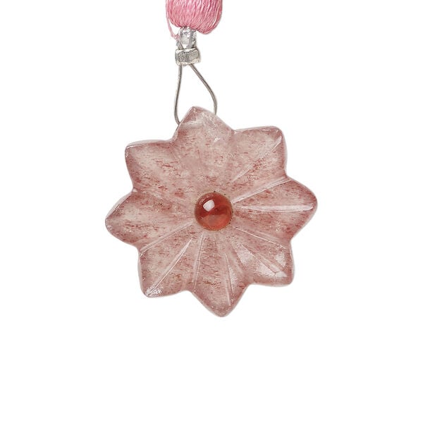 Strawberry quartz / garnet 1pkg1, top-drilled hand-cut 1sided carved flower bead natural, 22mm image number 0